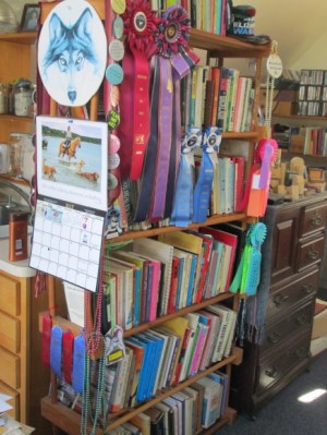 One of my two big bookshelves, freshly culled, dusted, and reorganized, and garnished with a few of my dog's Rally Obedience title ribbons.