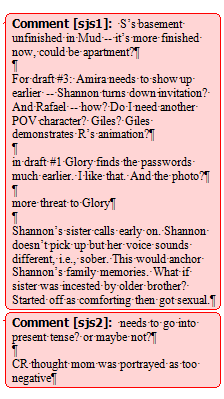 Word's Comments feature is a handy way to make notes for revision. Here I'm looking forward to draft #3 while working on #2.